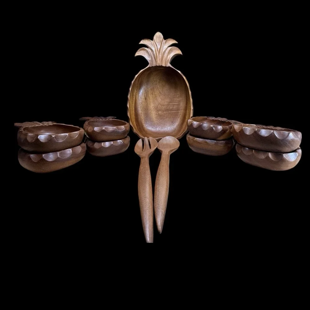 Pineapple Shape Salad‎ Bowl Serving Set With Spoons Bowls Monkey Pod Wood 11 Pc